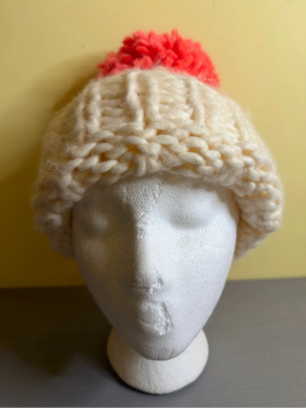 Anthropologie Cream Knit Beanie with Coral Pom, OS